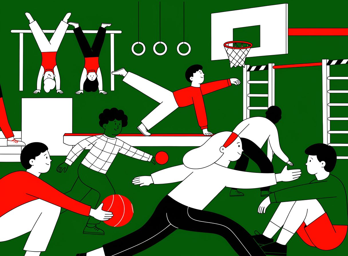 Illustration aus dem Kinder- und Turnsport: Kinder turnen am Reck und an den Ringen, balancieren auf der Bank und spielen Ball in der Sporthalle