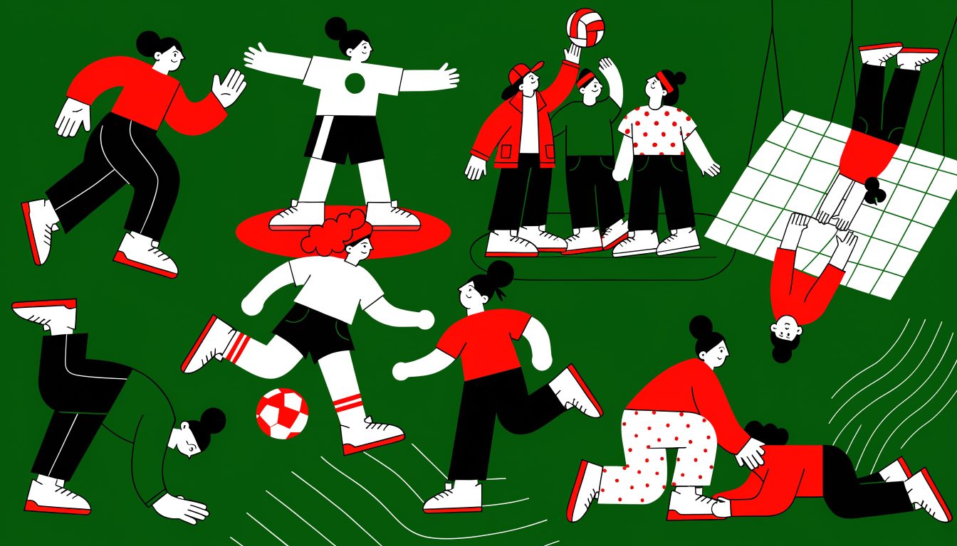 Illustration von Sportlerinnen und Sportlern des TSV Murnau in Vereinsfarben beim Fußball, Volleyball, Turnen und Aufwärmen